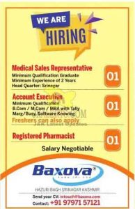 Jobs in Boxova Srinagar Medical sales representative Accountant Executive Registered Pharmacist.