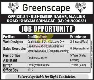 obs in Greenscape Web Designer, Sales Executive, Front Office assistant, driver, office boy.