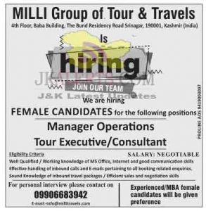 Jobs in MILLI Group of Tour & Travels Manager Operations Tour ExecutiveConsultant 
