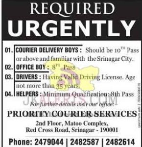 Jobs in Priority courier services Courier delivery boysoffice boyDriversHelpers.