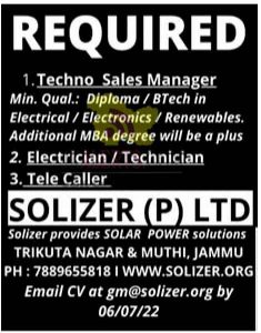 Jobs in Solizer Pvt Ltd. Jammu Techno Sales ManagerElectricianTechnicianTele Caller.