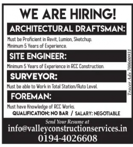 Jobs in Valley construction services Architectural DraftsmanSite EngineerSurveyorForeman.