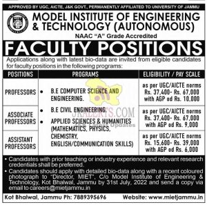 Model Institute of Engineering and Technology MIER Jammu Jobs