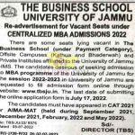 Re-advertisement for Vacant Seats under Centralized MBA Admission 2022 University of Jammu