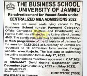Re-advertisement for Vacant Seats under Centralized MBA Admission 2022 University of Jammu