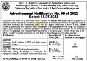 SKUAST Jammu Recruitment 2022 Teacher Faculty