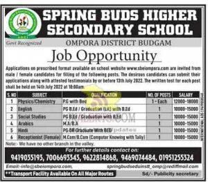 Spring Buds Higher Secondary School Budgam Jobs Recruitment 2022