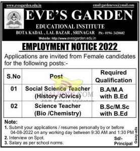 Teacher jobs in Eve's Garden Educational Institute Social Science Teacher (History Civics, Science Teacher (Bio Chemistry)