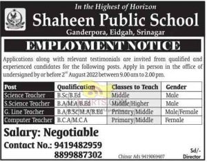 Teacher jobs in Shaheen Public School Science teachers.science teacherG.line teacherComputer teacher