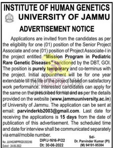 University of Jammu Jobs 2022 Senior Project AssociateProject Associate-l 