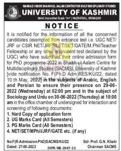 University of Kashmir Ph.D. programme-2022