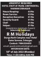 Various jobs in RM Holidays House KeepingRoom servicereception executivechefhelper Security guard