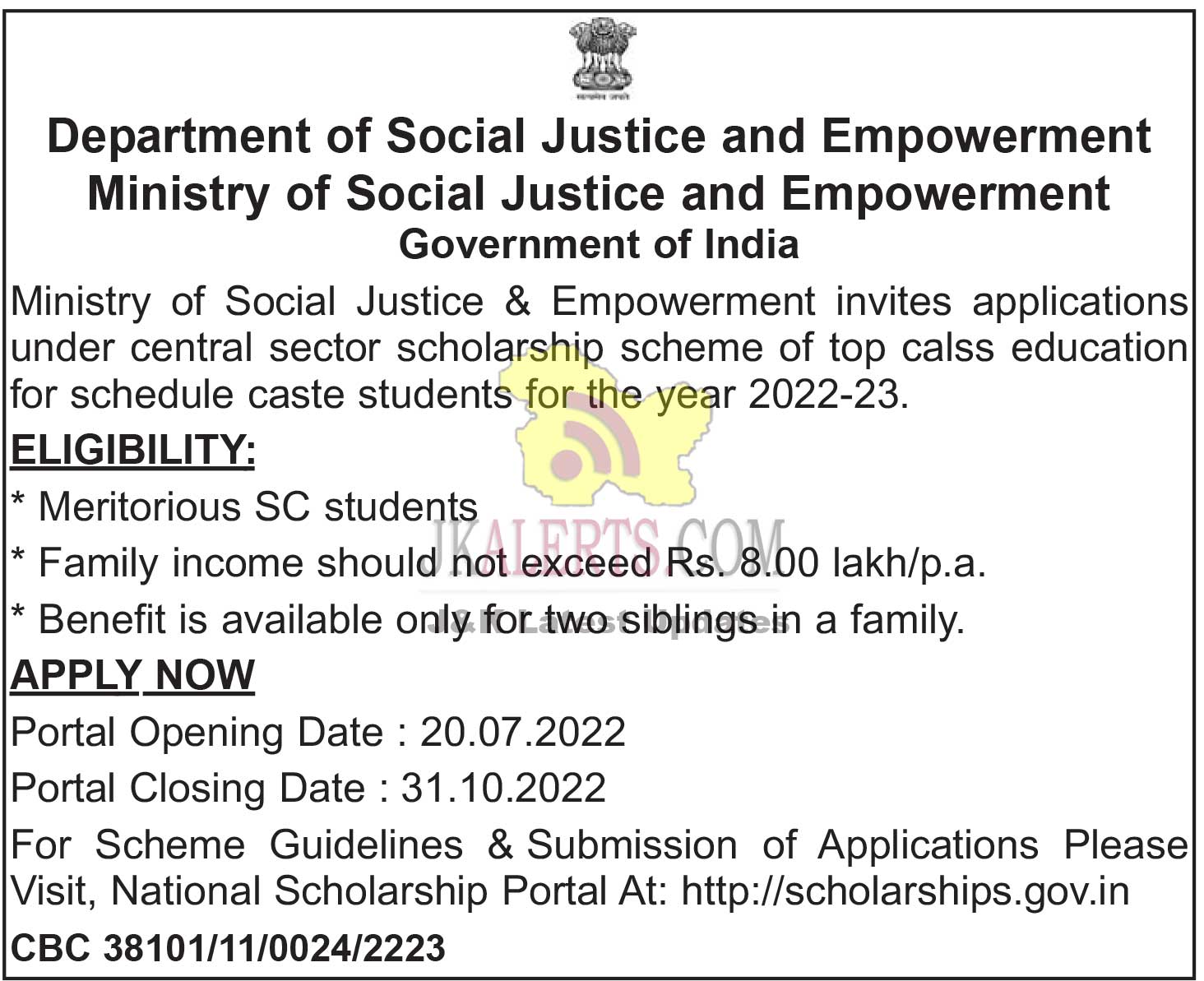 GOI MSJE Scholarship Scheme for SC students.