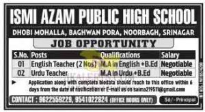 ISMI Azam Public High School Srinagar Jobs.