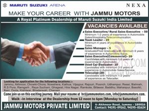 Jammu Motors Jobs Details: 125 posts.