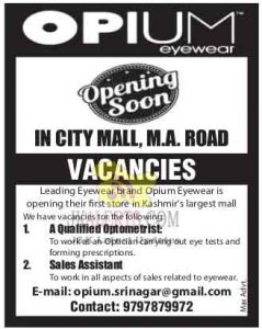 Jobs in Opium eyewear Srinagar.