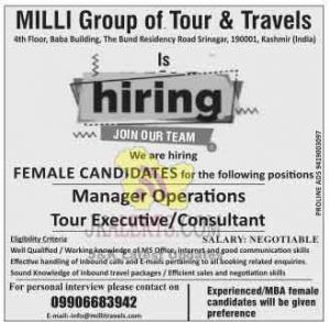 MILLI Group of. Tour & Travels Jobs Manager OperationsTour ExecutiveConsultant