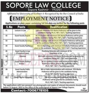 Sopore Law College Jobs Recruitment 2022.