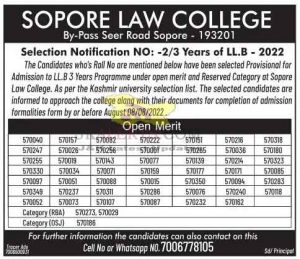 Sopore Law College Selection List For Admission to LL.B 3 -2022