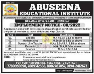 Teacher jobs in Abuseena Educational Institute Srinagar.