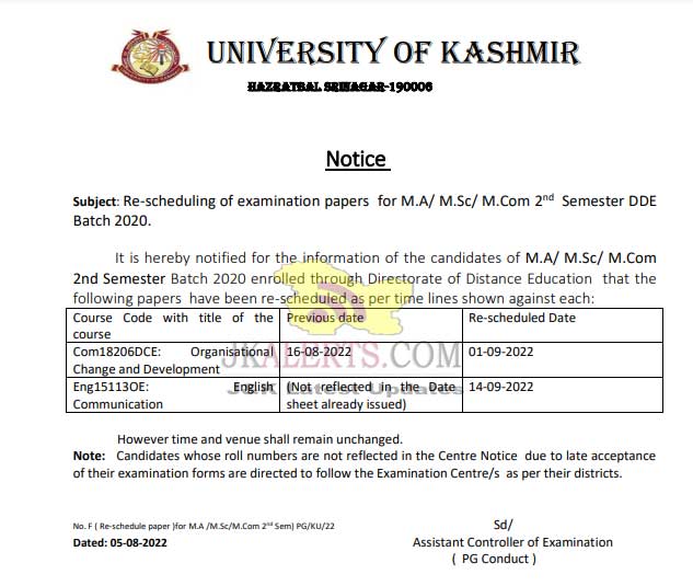 University of Kashmir Re-scheduling examination papers