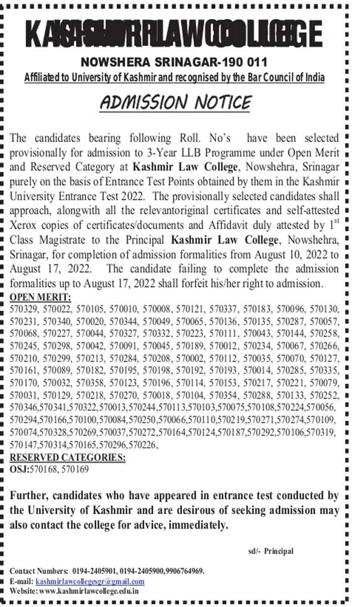 Kashmir Law College Admission notification.