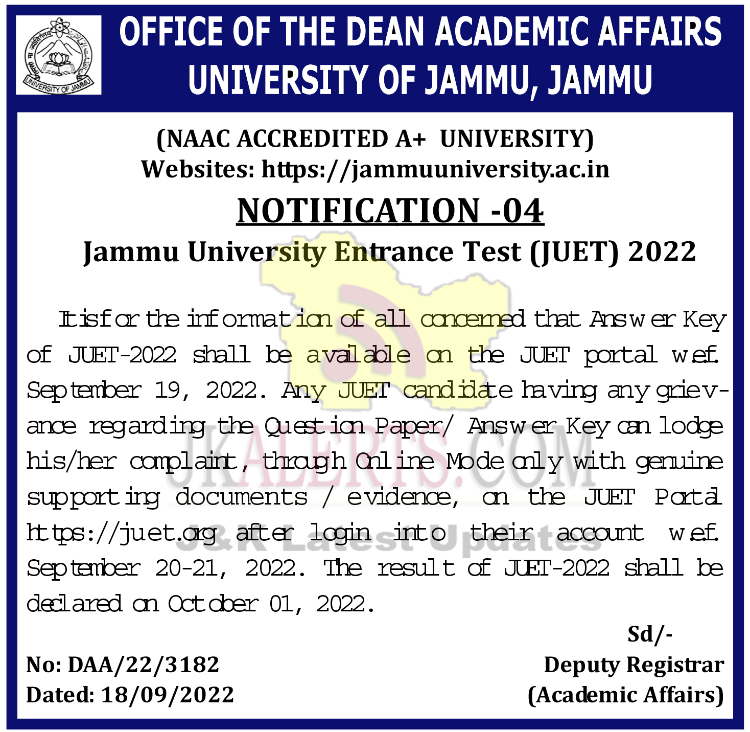 Jammu University JUET Answer key.