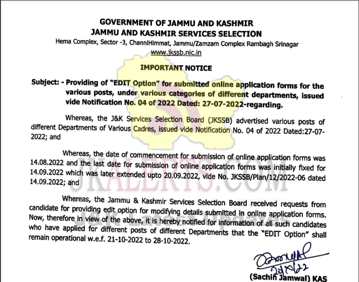 JKSSB Provided EDIT Option" for submitted online application forms.