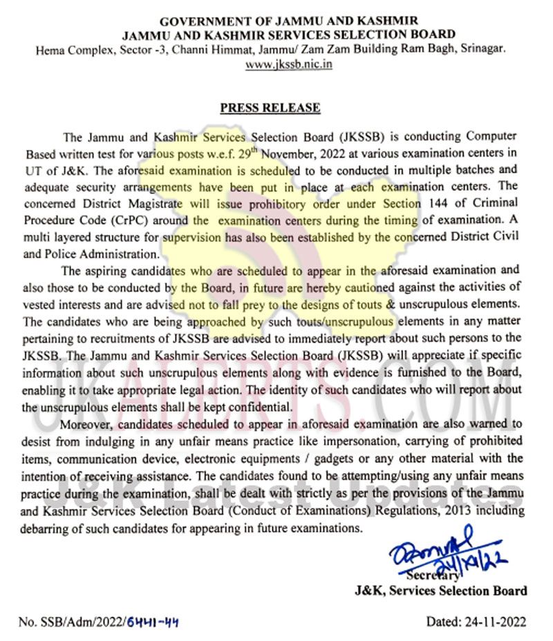 JKSSB Press release regarding 29th Nov 2022 Exam.