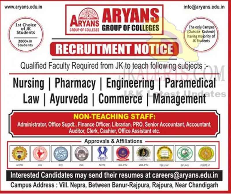 Aryans Group of Colleges Jobs Recruitment 2022