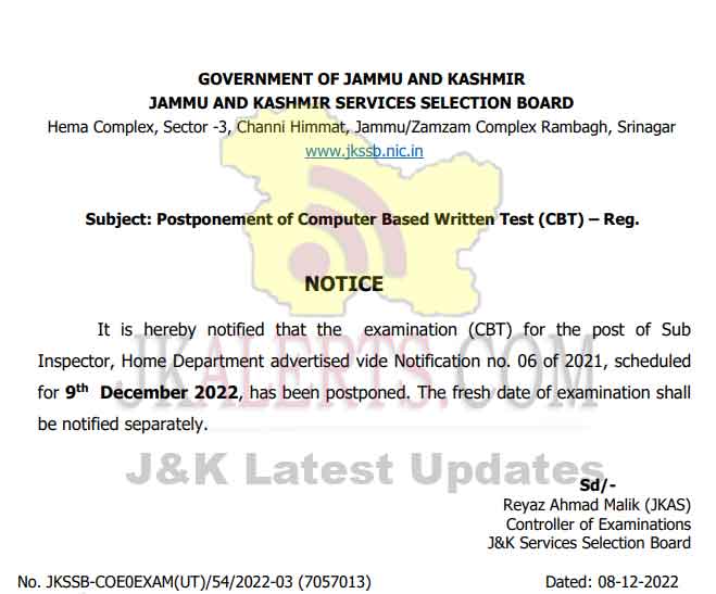 JKSSB postponed SI Exam