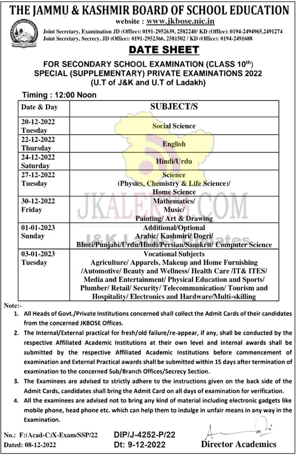 JKBOSE Class 10th Date Sheet Private J&K, Ladakh.