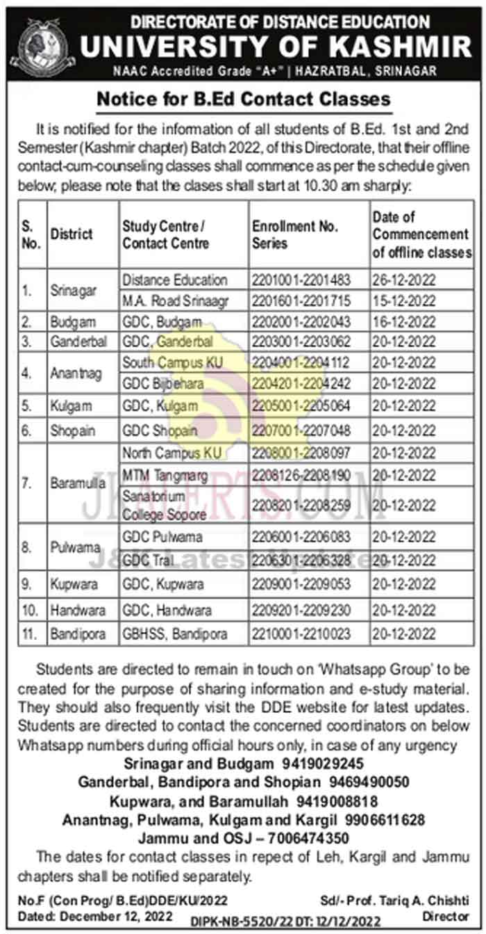 Kashmir University B.Ed Contact Classes