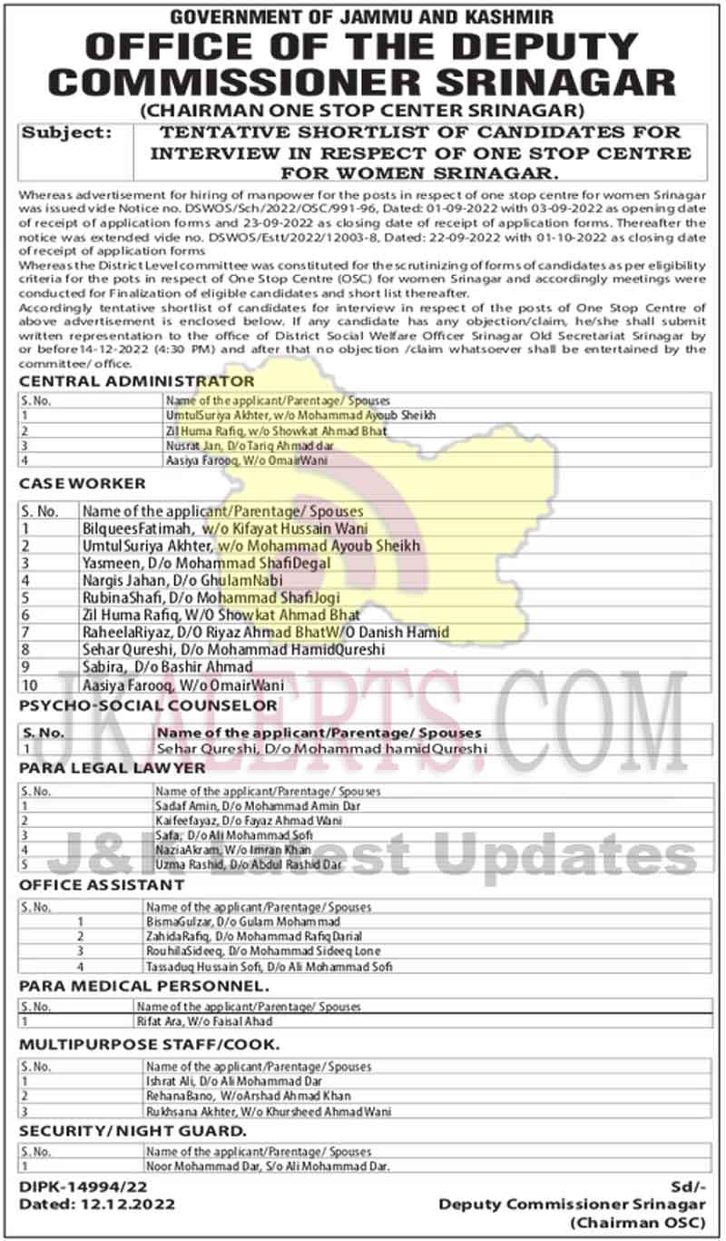 One Stop Centre Women Srinagar Shortlisted candidates for Interview.
