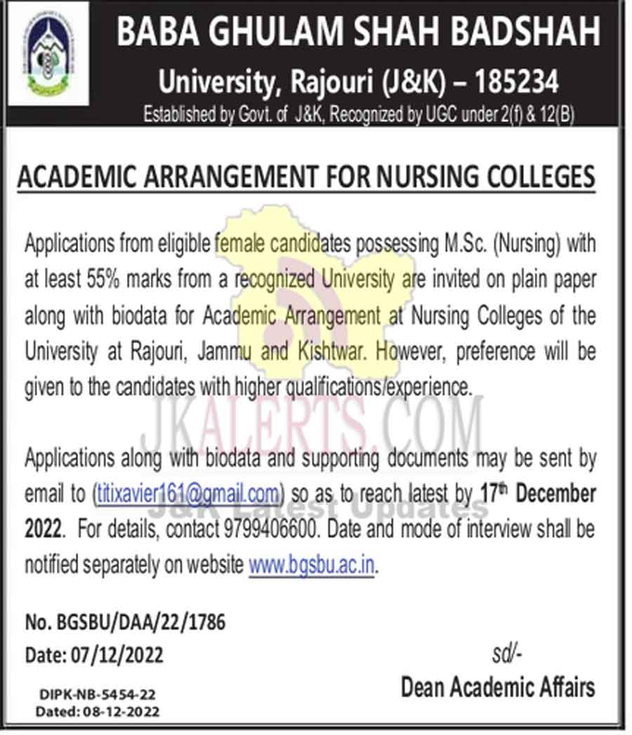 Jobs in Nursing Colleges of Jammu, Rajouri, Kishtwar.