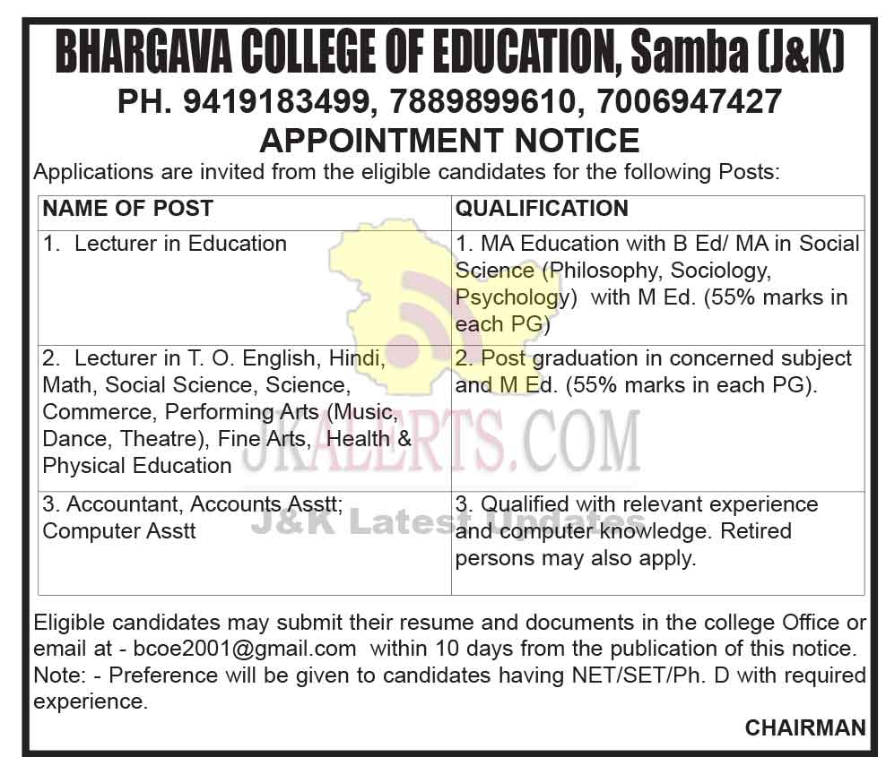 Bhargava College of Education Jobs