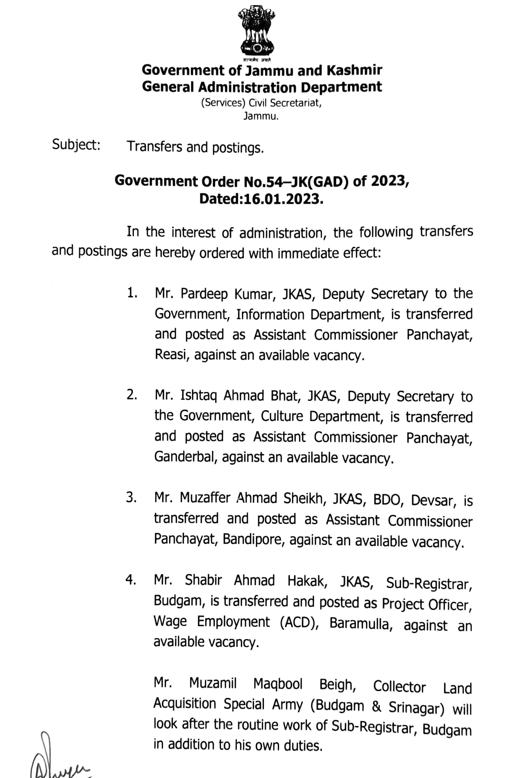 JK Govt Transfer And Posting Of 7 JKAS Officers