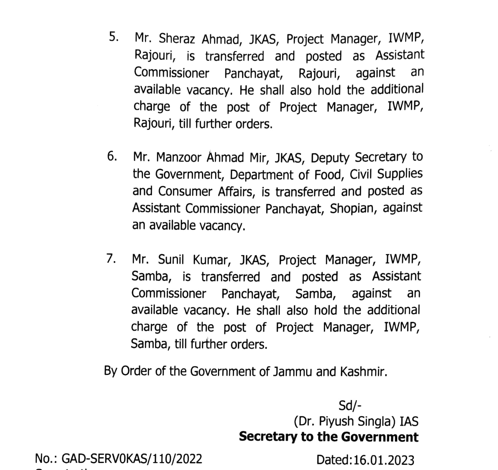 JK Govt Transfer And Posting Of 7 JKAS Officers