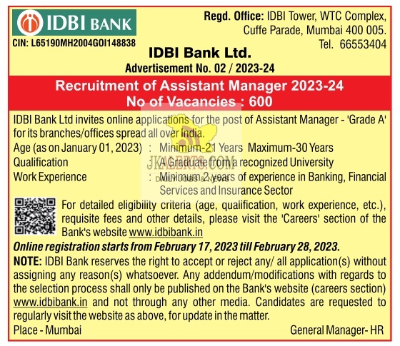 IDBI Bank Assistant Manager Job.
