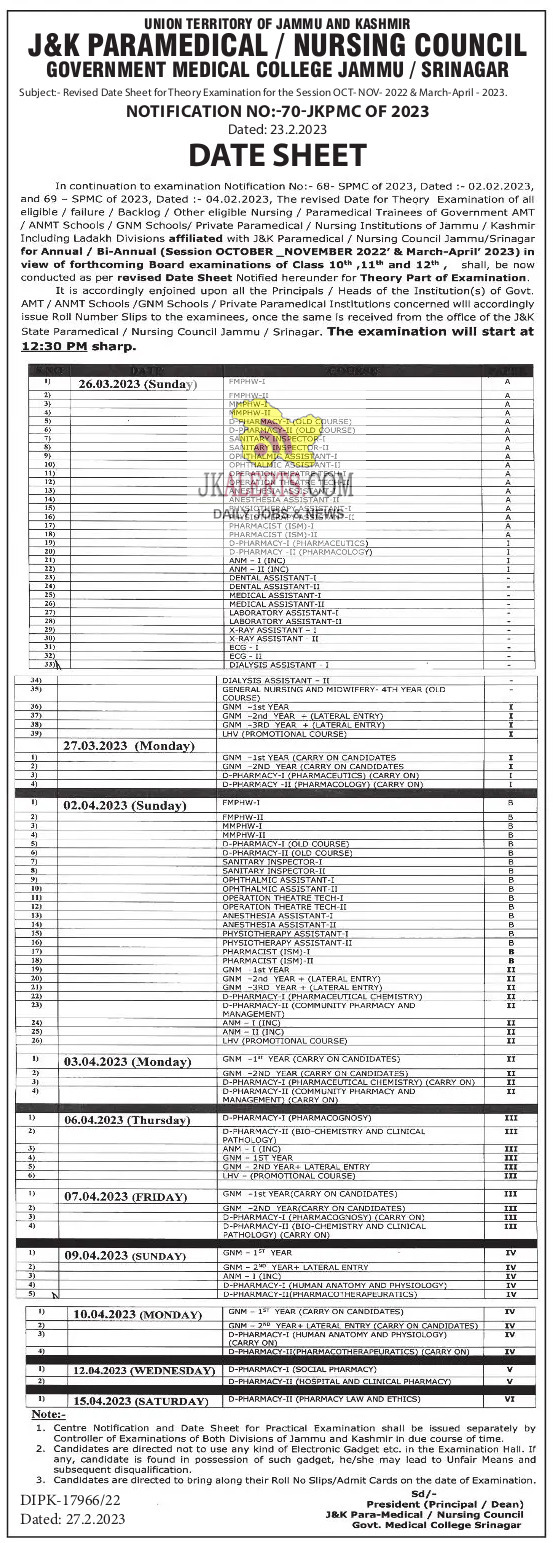 JK Paramedical Revised Date Sheet for Theory Examination GMC.
