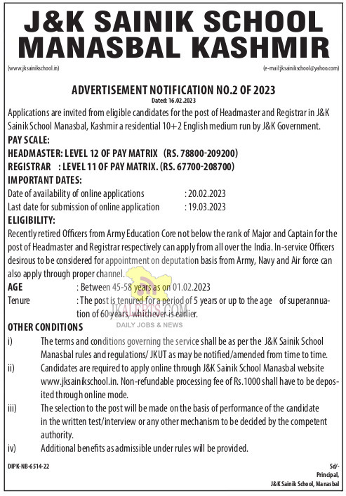 J&K Sainik School Jobs 2023