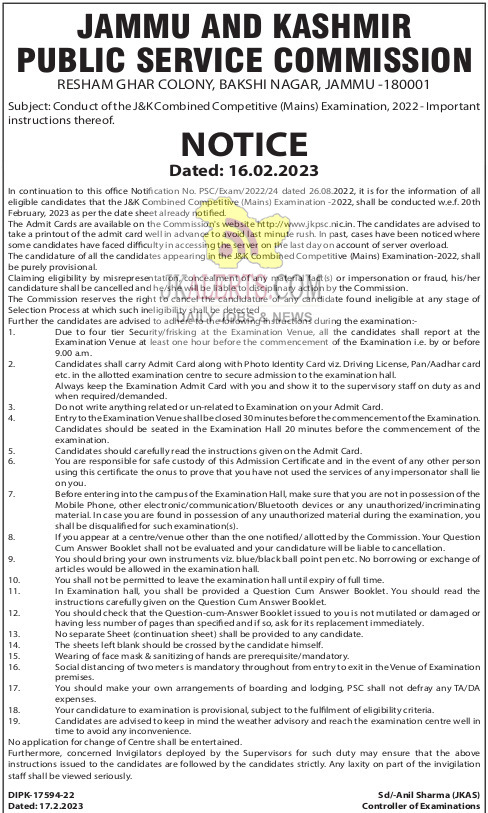 JKPSC Combined Competitive (Mains) Examination Important instructions
