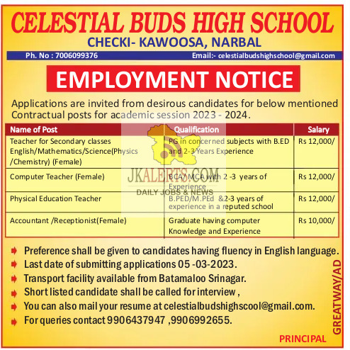 Jobs in Celestial buds high school