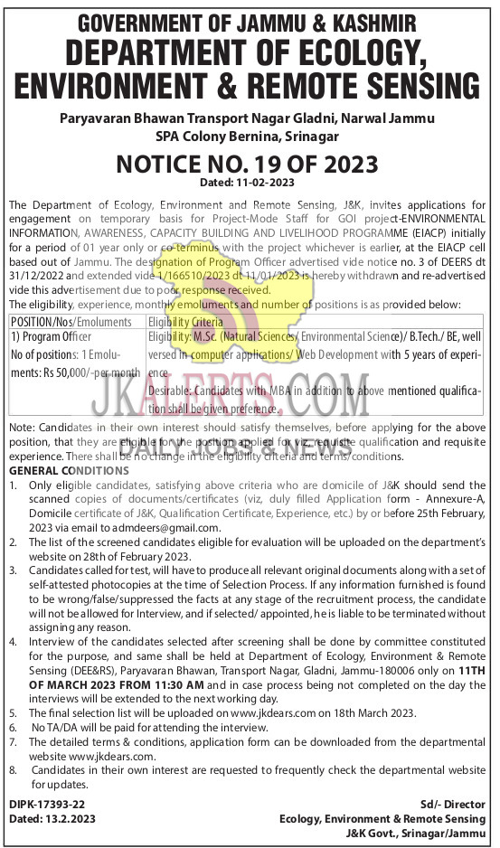 Jobs in Department of Ecology, Environment and Remote Sensing J&K.