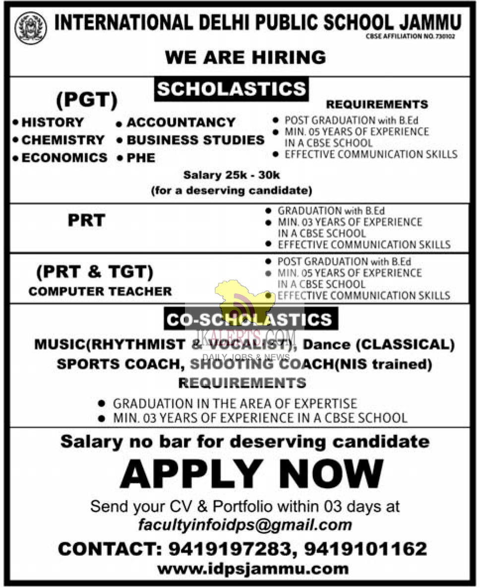 Jobs in International delhi public school Jammu