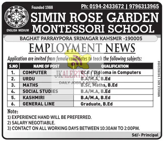 Jobs in Simin Rose garden Montessori school