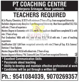 Teacher Job in Pt coaching centre