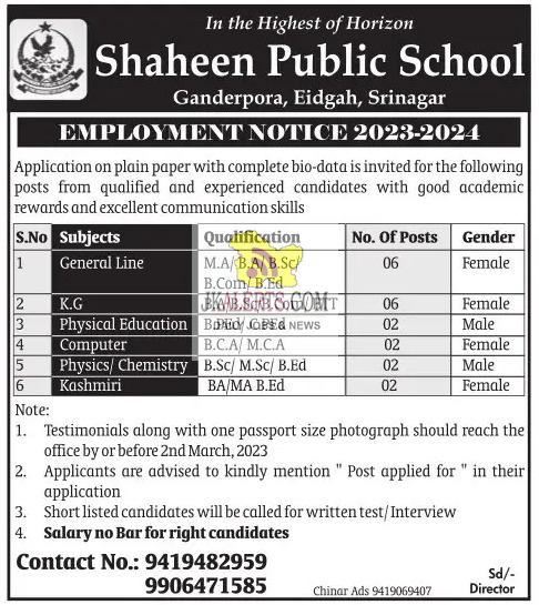 Teacher jobs in Shaheen public School