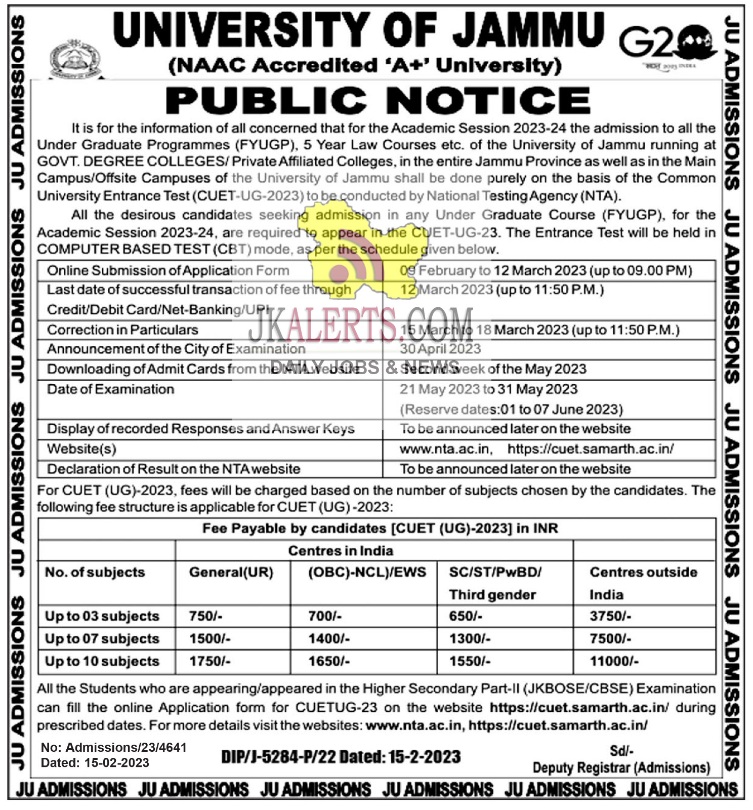 University of Jammu CUET-UG-2023 Entrance Test.