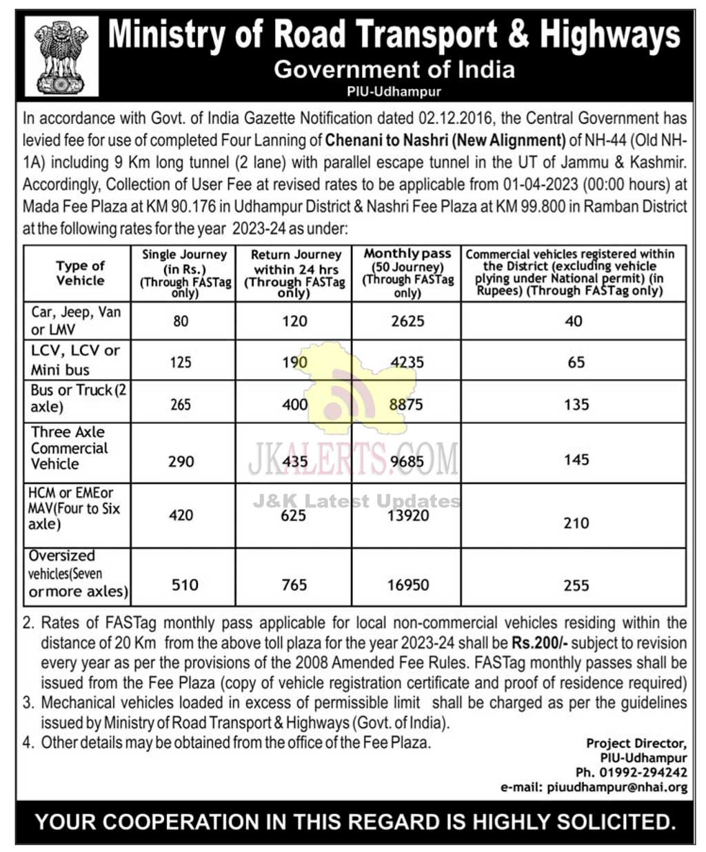 Toll tax increased: JK Toll Plaza New Rates from 1 April 2023.